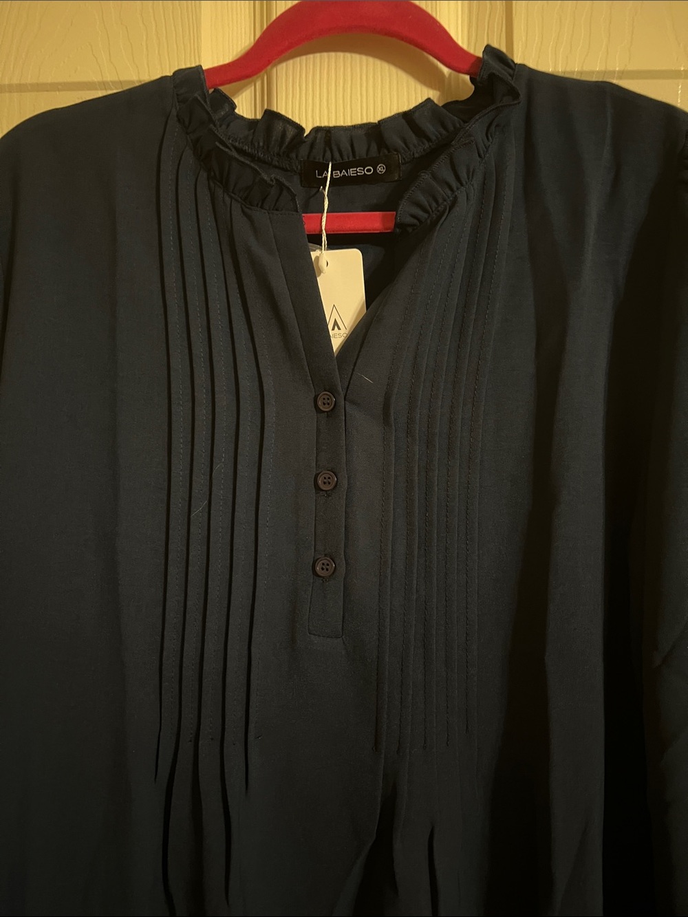Pleated Navy Button-Front Blouse with Ruffle Collar - Picture 2 of 5